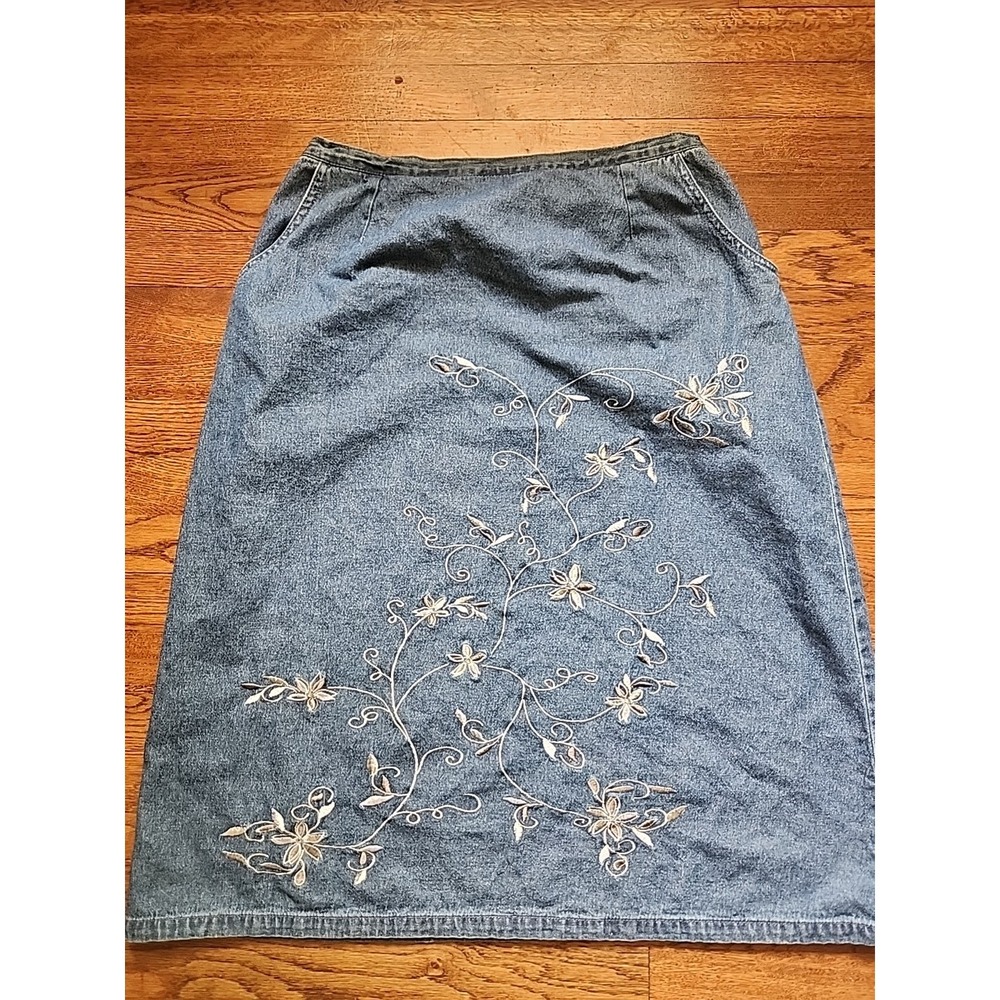 Vintage Denim Midi Skirt Silver Toned Embroidered Floral Vine Petite Large